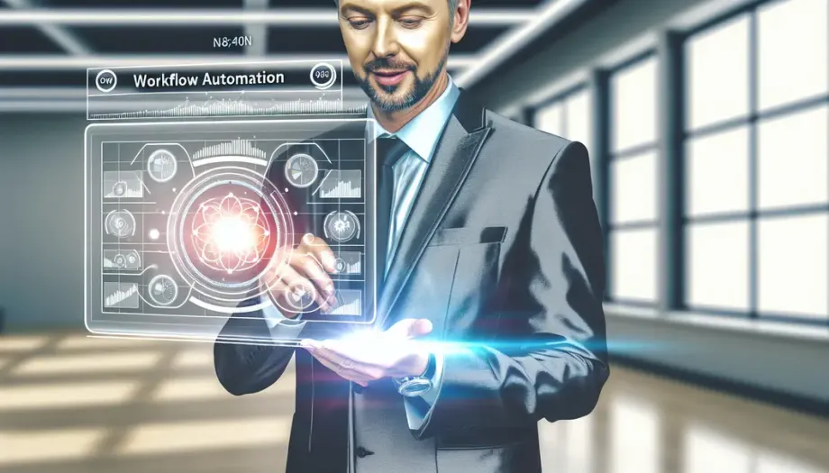 Business owner analyzing a digital dashboard of n8n automation in an advanced office setting.